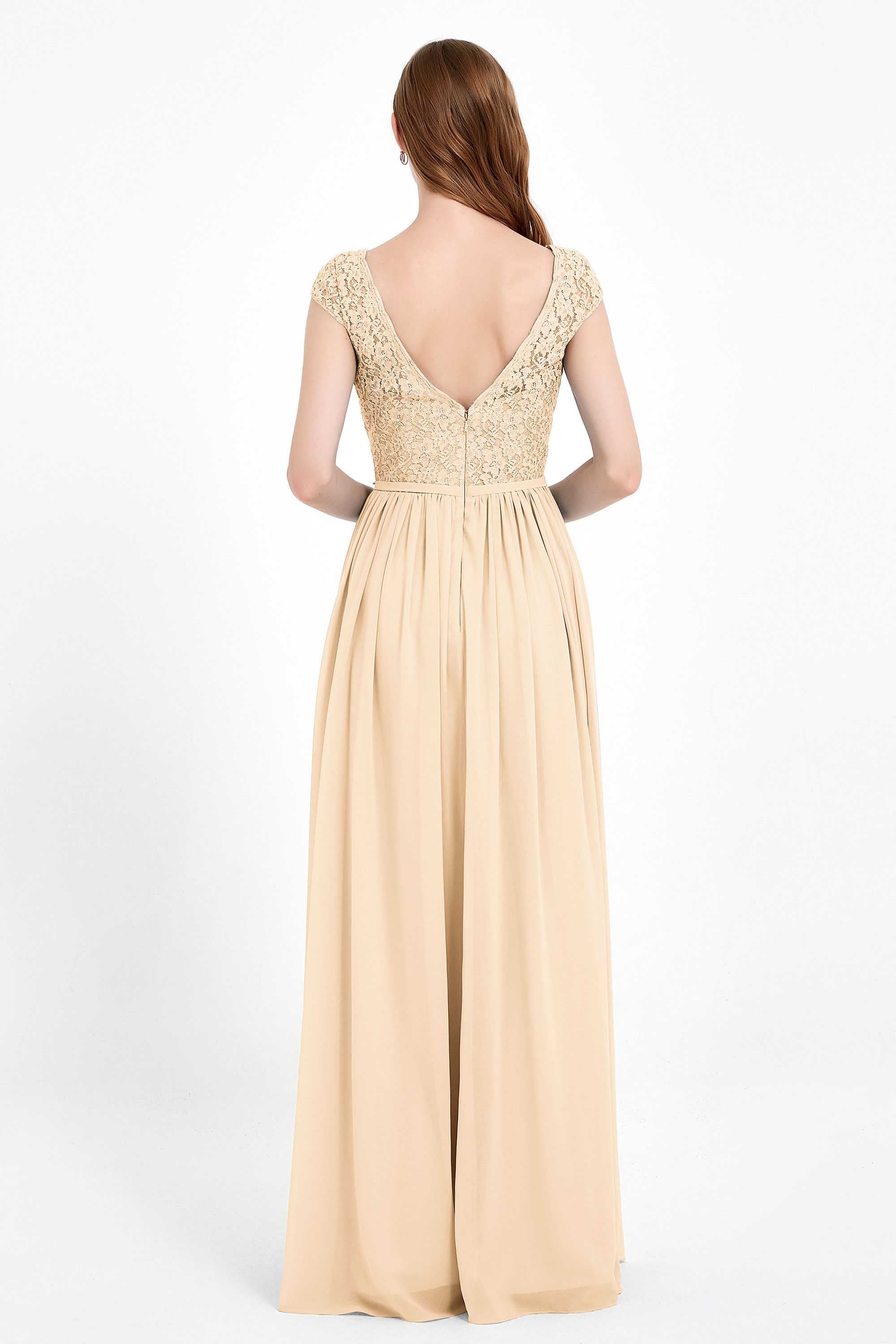 Cap Sleeves Ruched Chiffon Bridesmaid Dress Lace Formal Evening Party Dresses Gowns