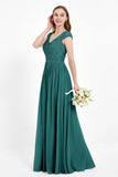 Cap Sleeves Ruched Chiffon Bridesmaid Dress Lace Formal Evening Party Dresses Gowns