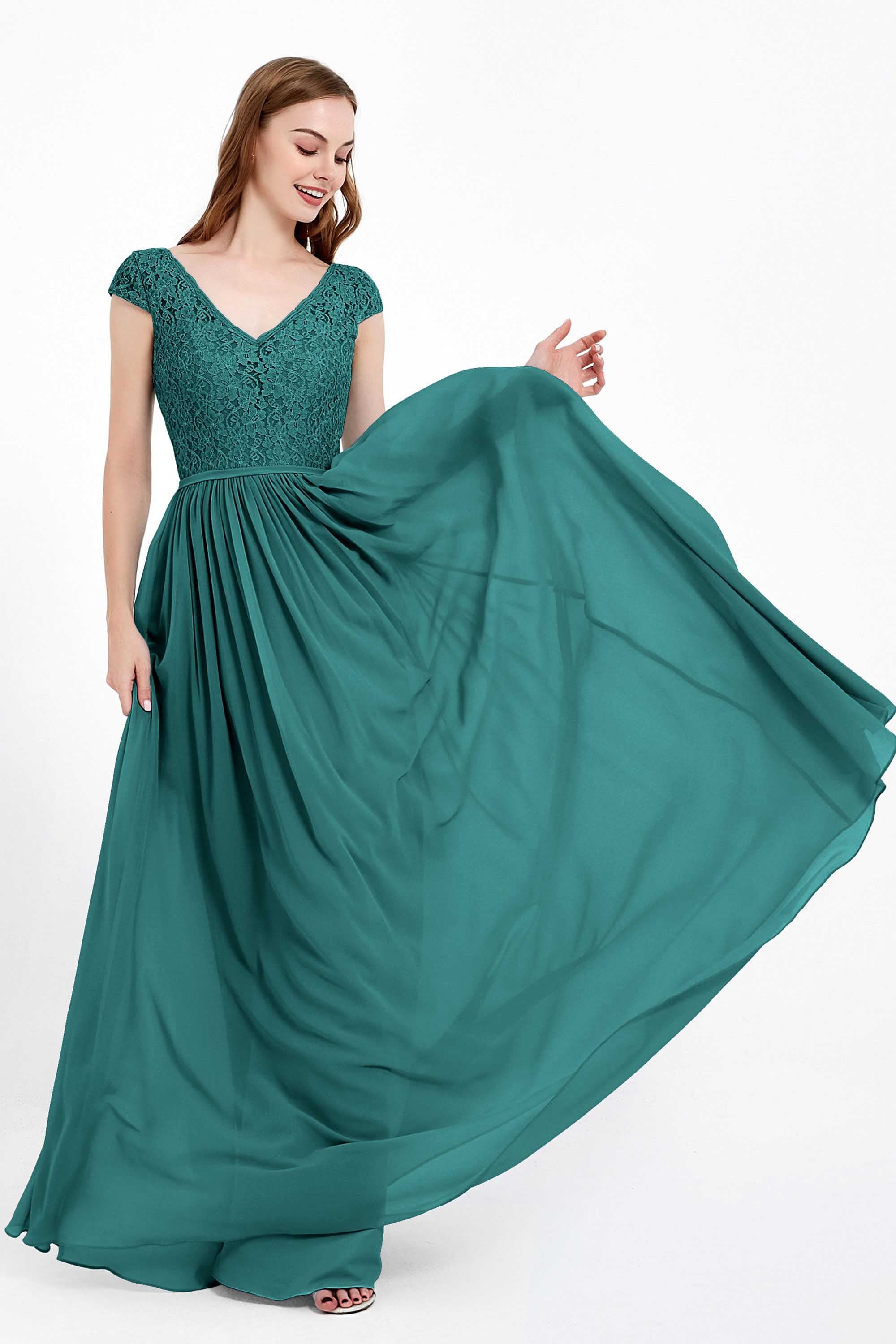 Cap Sleeves Ruched Chiffon Bridesmaid Dress Lace Formal Evening Party Dresses Gowns