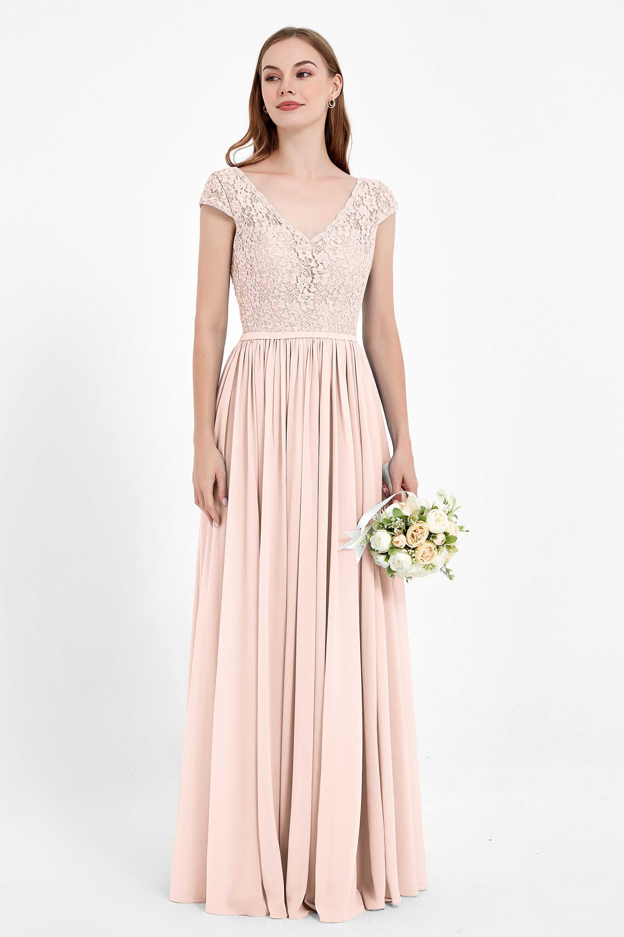 Cap Sleeves Ruched Chiffon Bridesmaid Dress Lace Formal Evening Party Dresses Gowns
