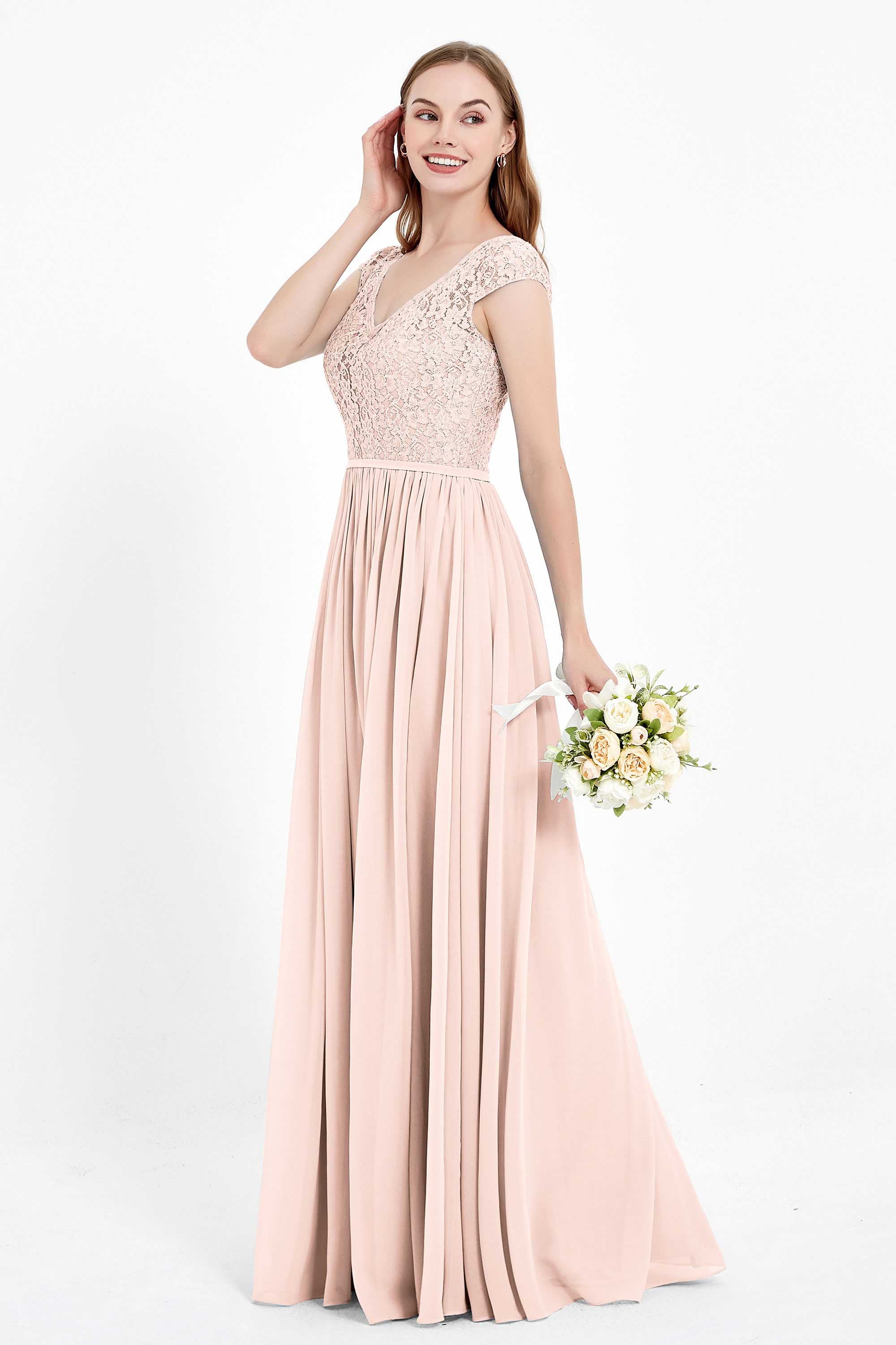 Cap Sleeves Ruched Chiffon Bridesmaid Dress Lace Formal Evening Party Dresses Gowns