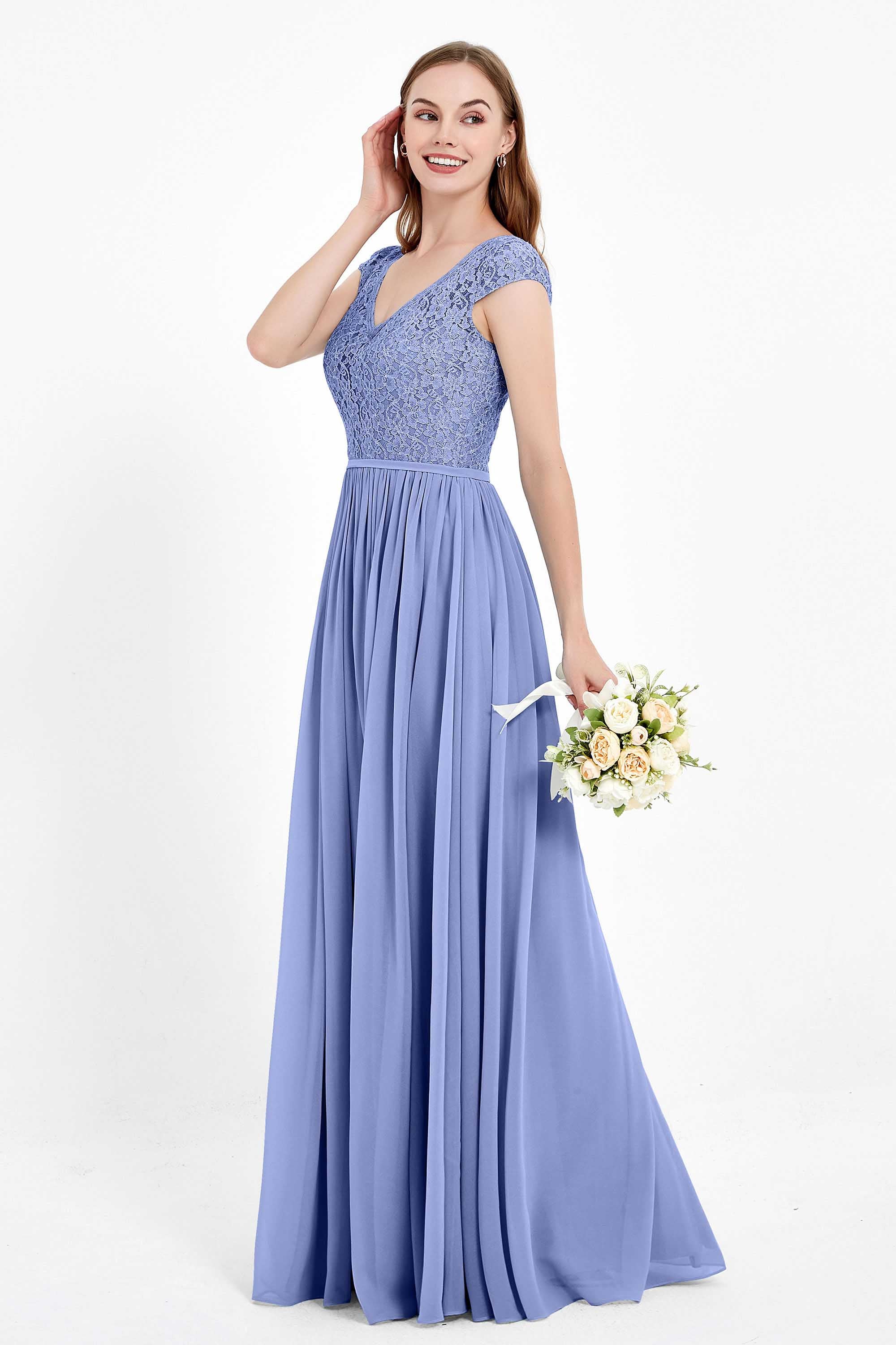 Cap Sleeves Ruched Chiffon Bridesmaid Dress Lace Formal Evening Party Dresses Gowns