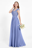 Cap Sleeves Ruched Chiffon Bridesmaid Dress Lace Formal Evening Party Dresses Gowns