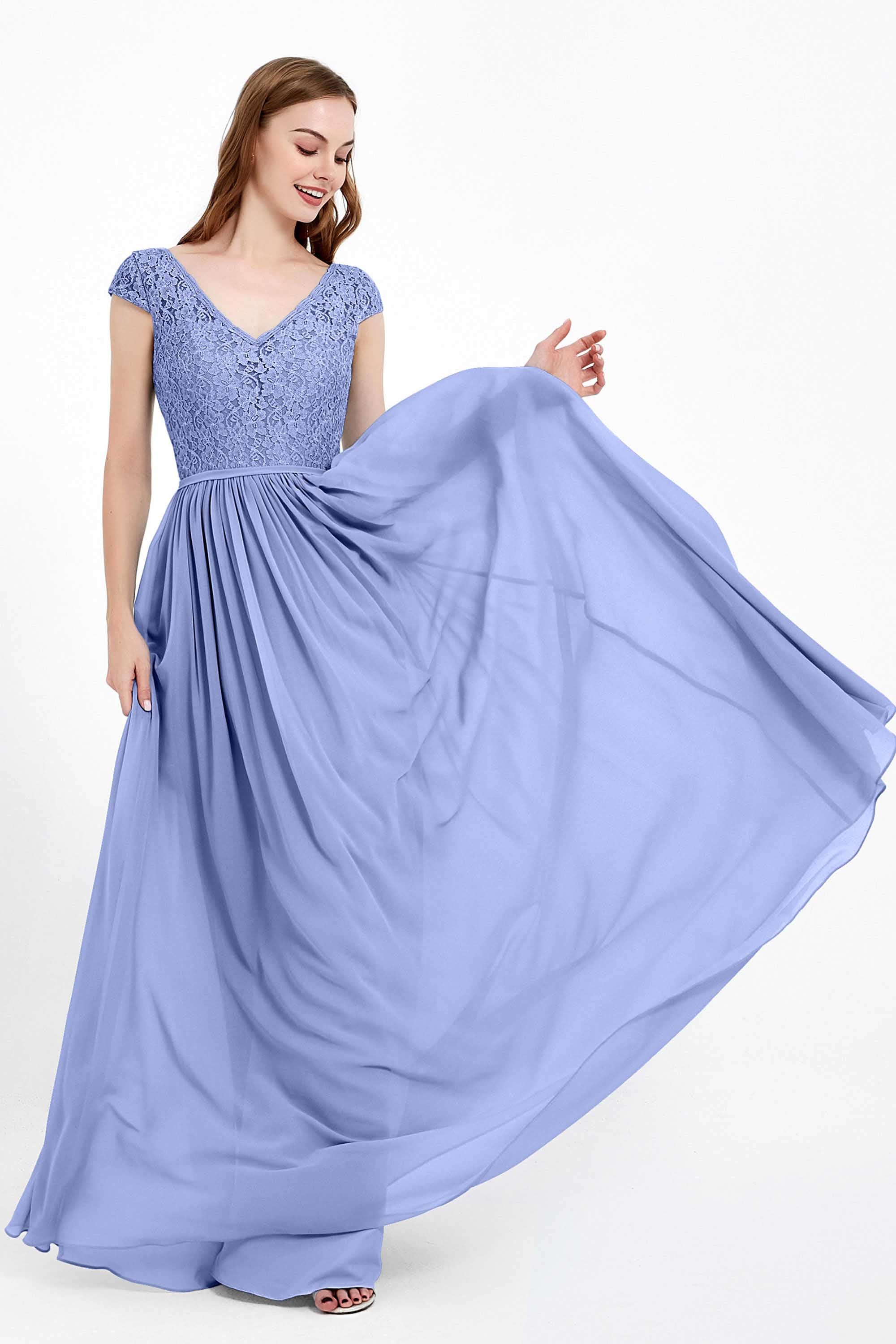 Cap Sleeves Ruched Chiffon Bridesmaid Dress Lace Formal Evening Party Dresses Gowns