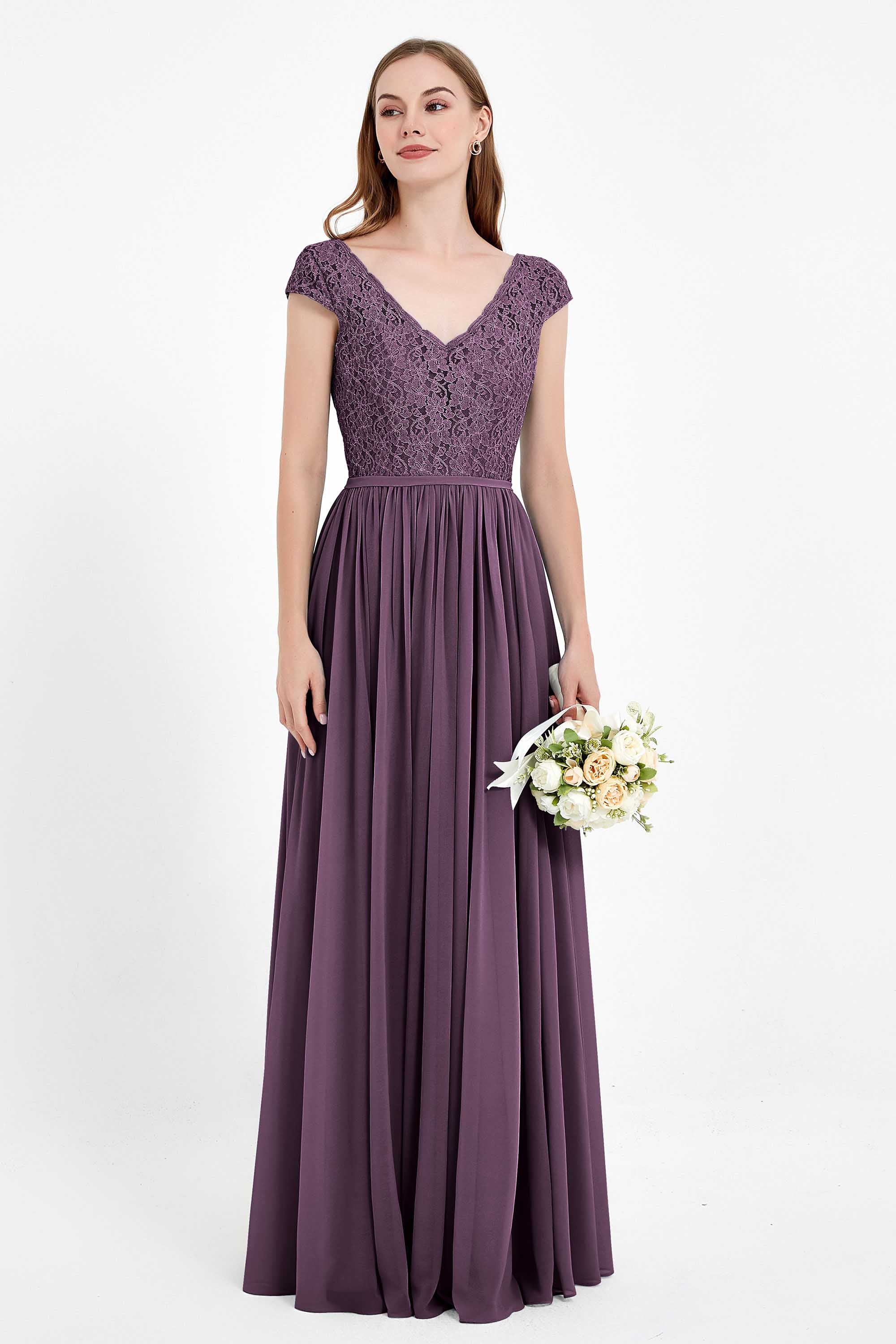 Cap Sleeves Ruched Chiffon Bridesmaid Dress Lace Formal Evening Party Dresses Gowns