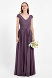 Cap Sleeves Ruched Chiffon Bridesmaid Dress Lace Formal Evening Party Dresses Gowns
