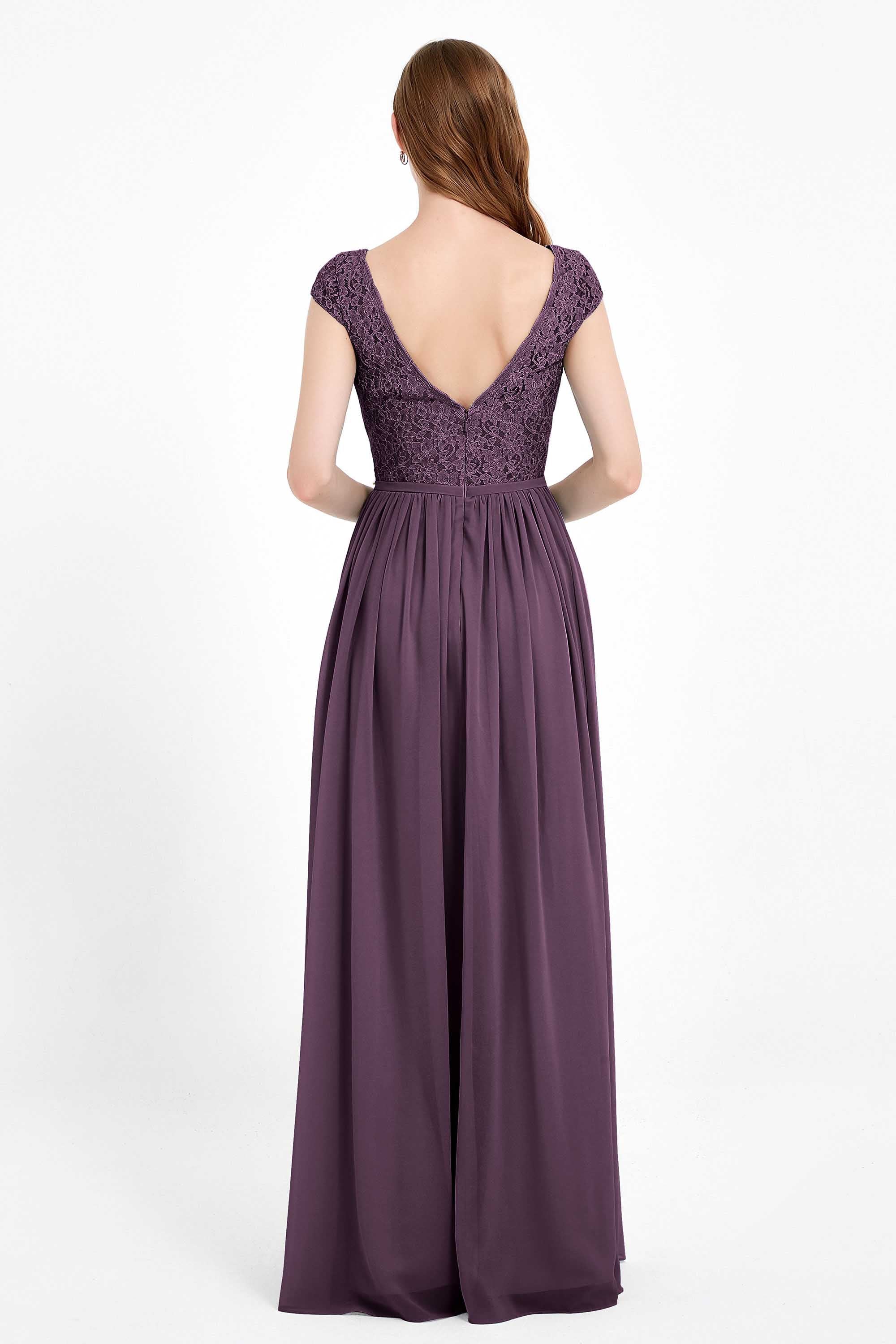 Cap Sleeves Ruched Chiffon Bridesmaid Dress Lace Formal Evening Party Dresses Gowns