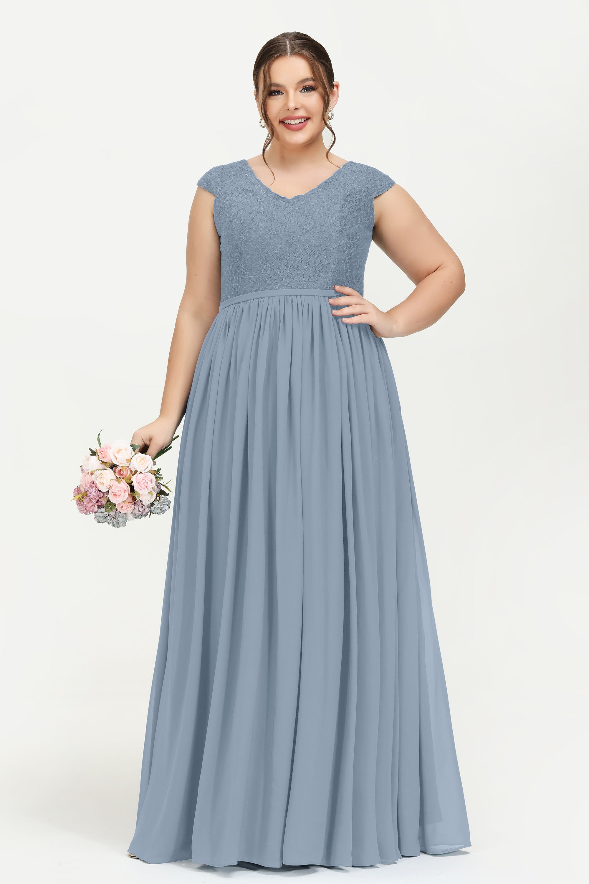 Cap Sleeves Ruched Chiffon Bridesmaid Dress Lace Formal Evening Party Dresses Gowns