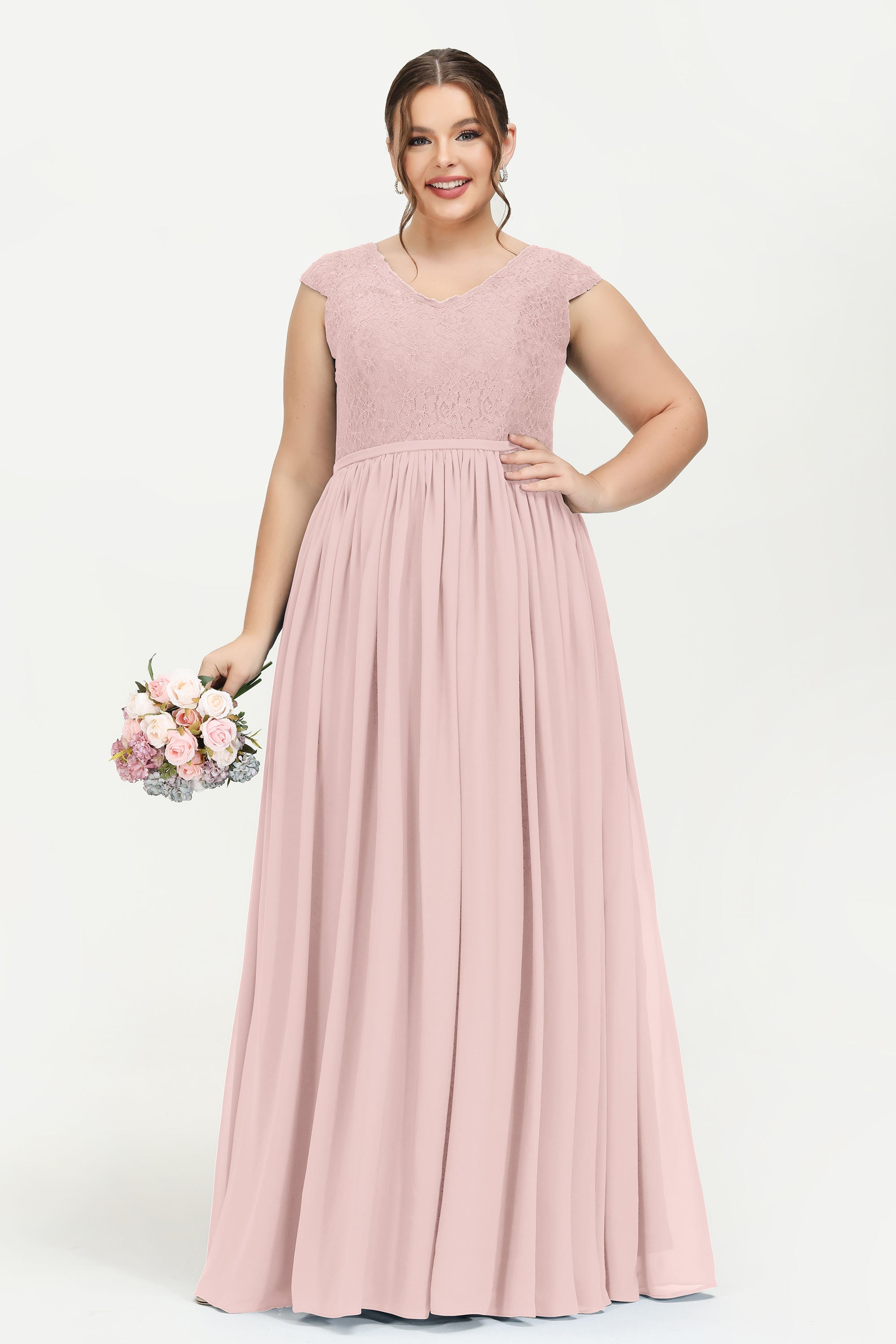 Cap Sleeves Ruched Chiffon Bridesmaid Dress Lace Formal Evening Party Dresses Gowns