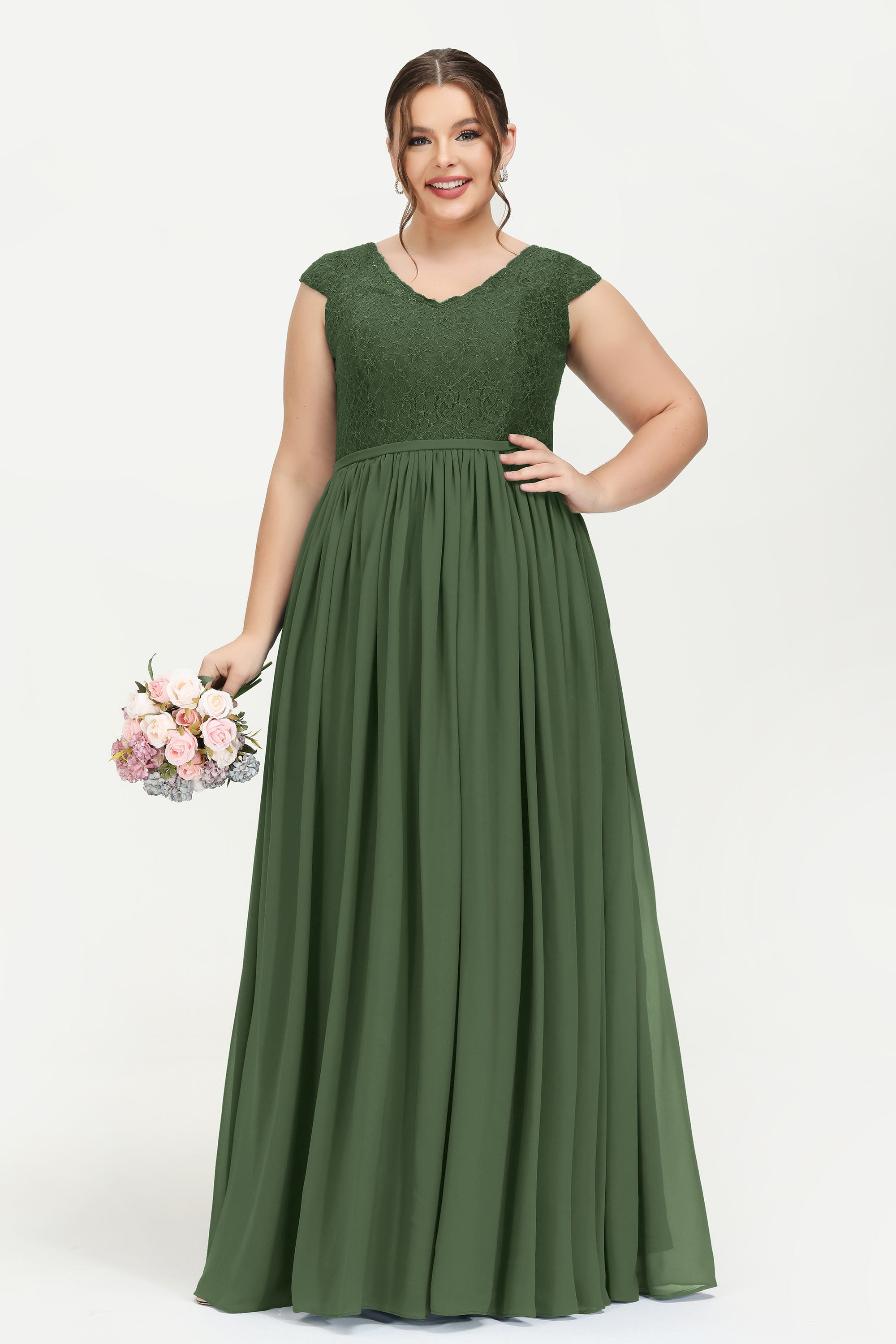 Cap Sleeves Ruched Chiffon Bridesmaid Dress Lace Formal Evening Party Dresses Gowns