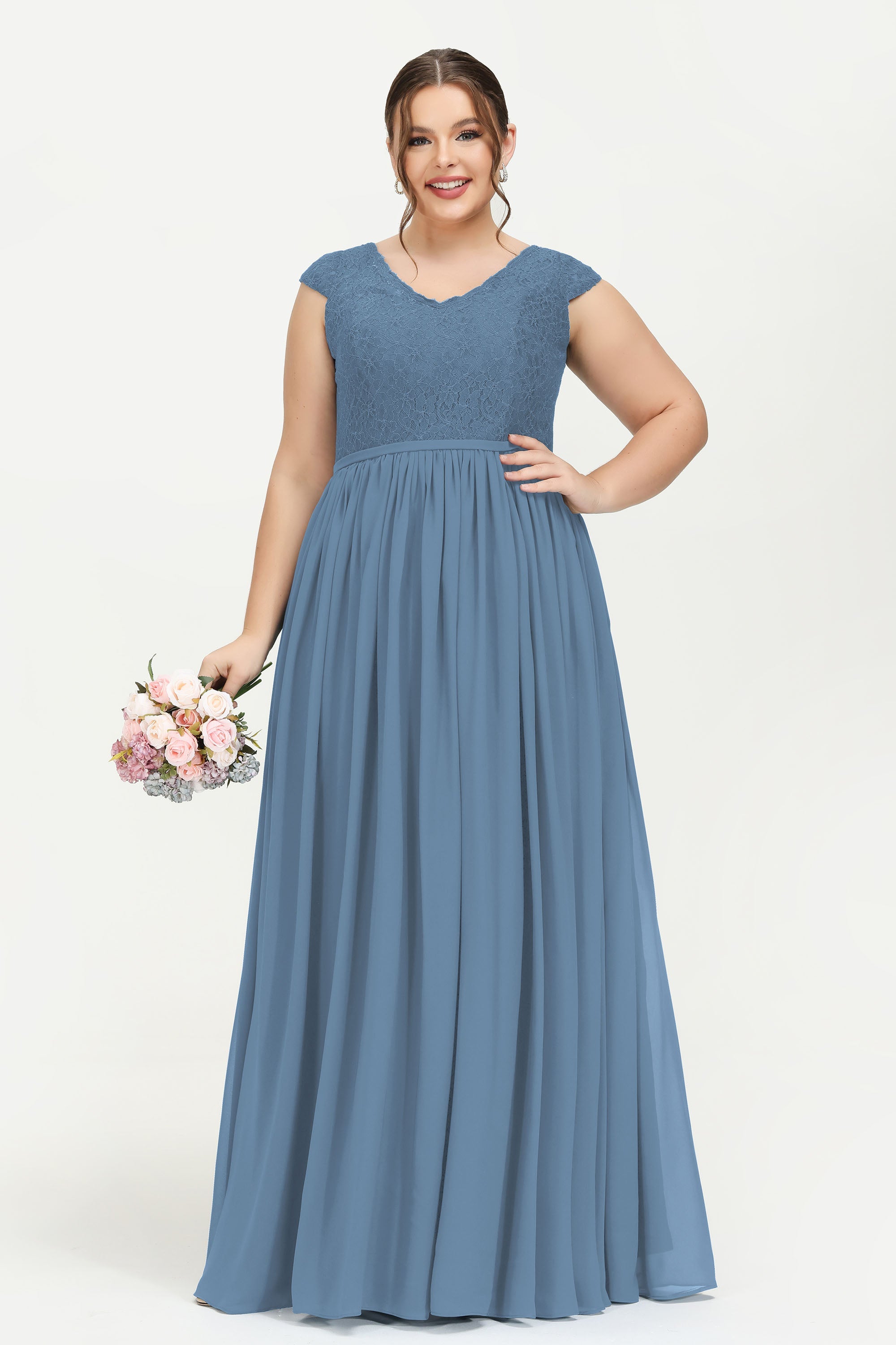 Cap Sleeves Ruched Chiffon Bridesmaid Dress Lace Formal Evening Party Dresses Gowns