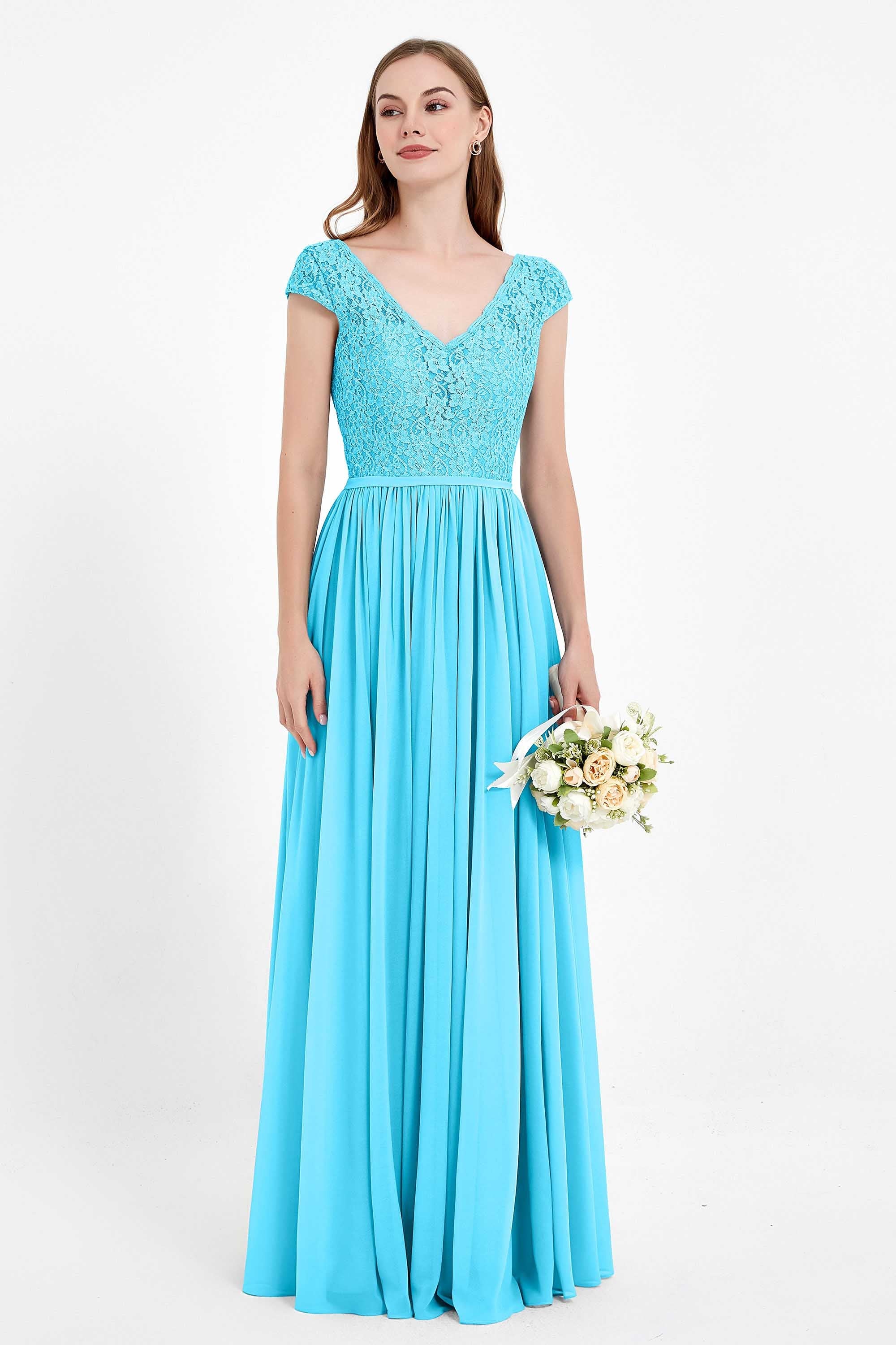 Cap Sleeves Ruched Chiffon Bridesmaid Dress Lace Formal Evening Party Dresses Gowns