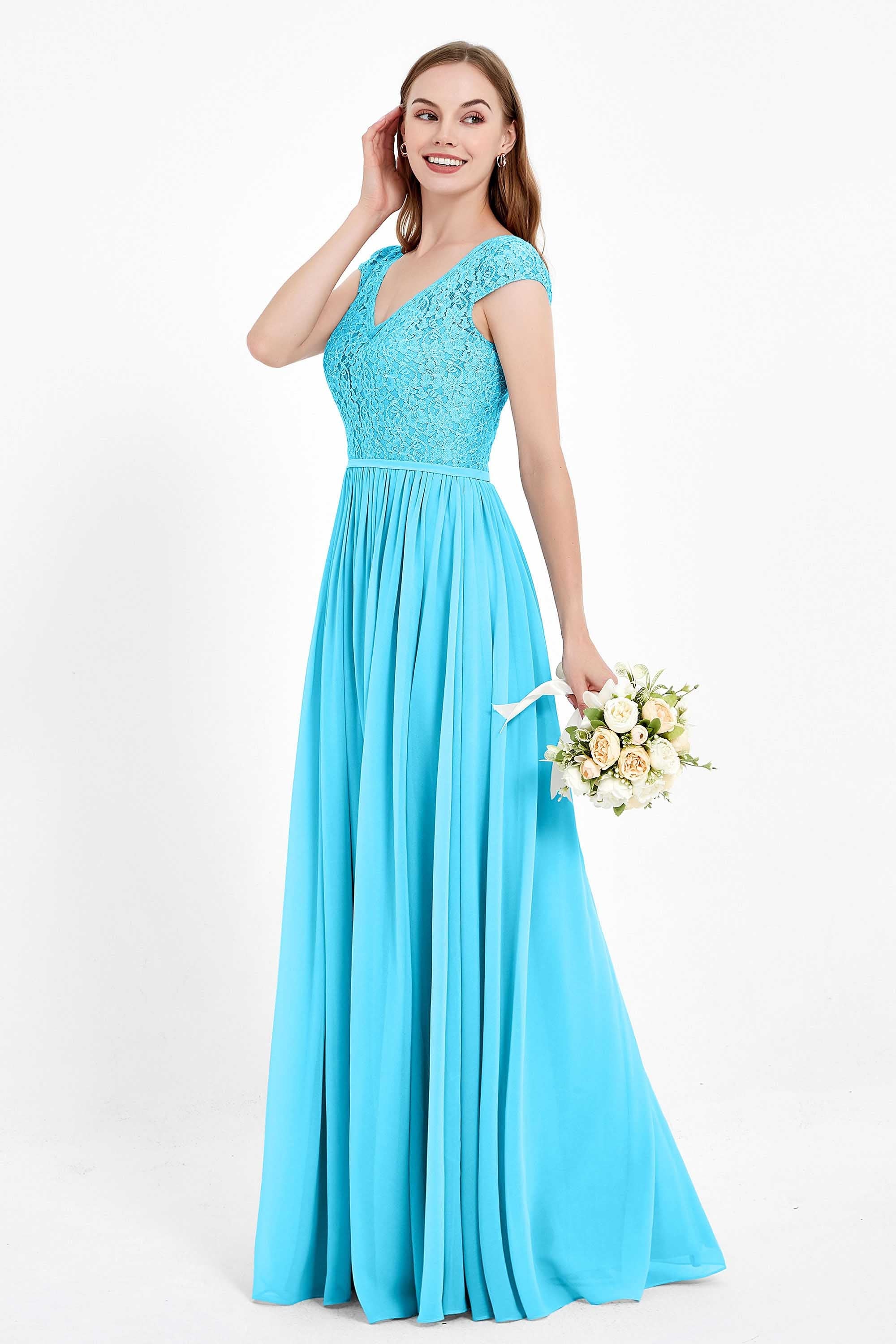 Cap Sleeves Ruched Chiffon Bridesmaid Dress Lace Formal Evening Party Dresses Gowns