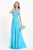 Cap Sleeves Ruched Chiffon Bridesmaid Dress Lace Formal Evening Party Dresses Gowns