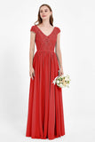 Cap Sleeves Ruched Chiffon Bridesmaid Dress Lace Formal Evening Party Dresses Gowns