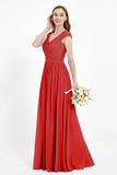 Cap Sleeves Ruched Chiffon Bridesmaid Dress Lace Formal Evening Party Dresses Gowns