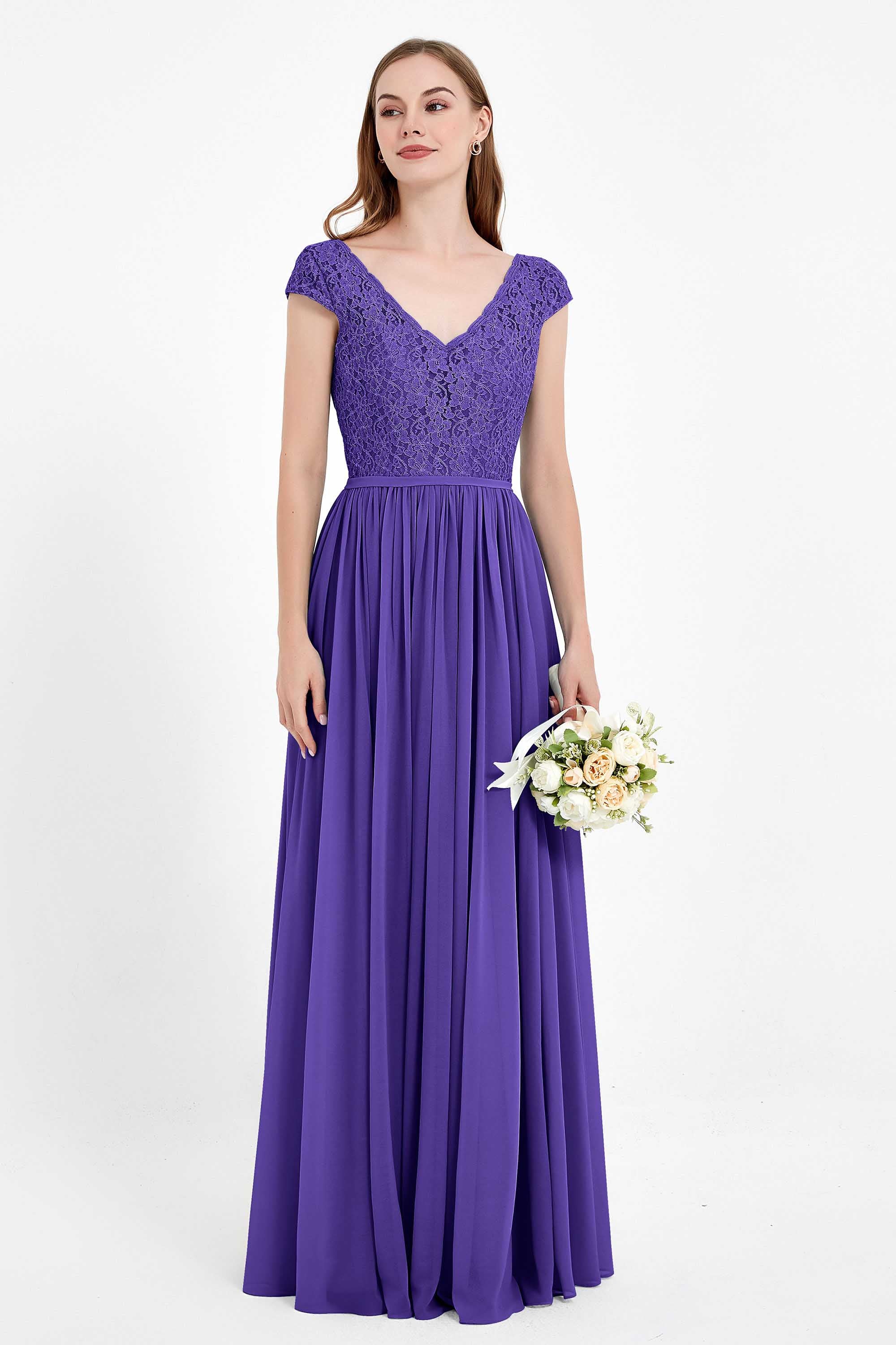 Cap Sleeves Ruched Chiffon Bridesmaid Dress Lace Formal Evening Party Dresses Gowns