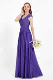 Cap Sleeves Ruched Chiffon Bridesmaid Dress Lace Formal Evening Party Dresses Gowns