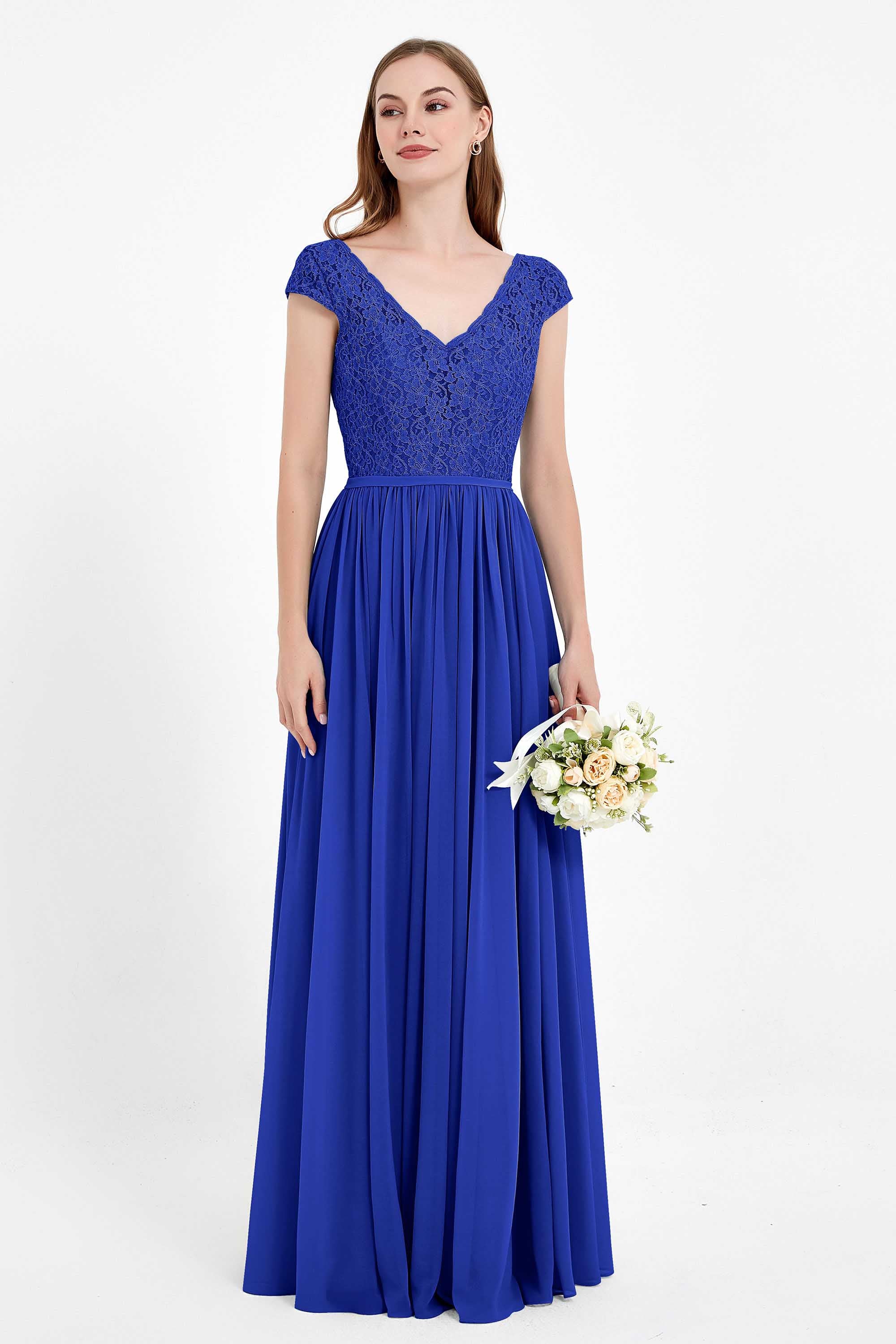 Cap Sleeves Ruched Chiffon Bridesmaid Dress Lace Formal Evening Party Dresses Gowns