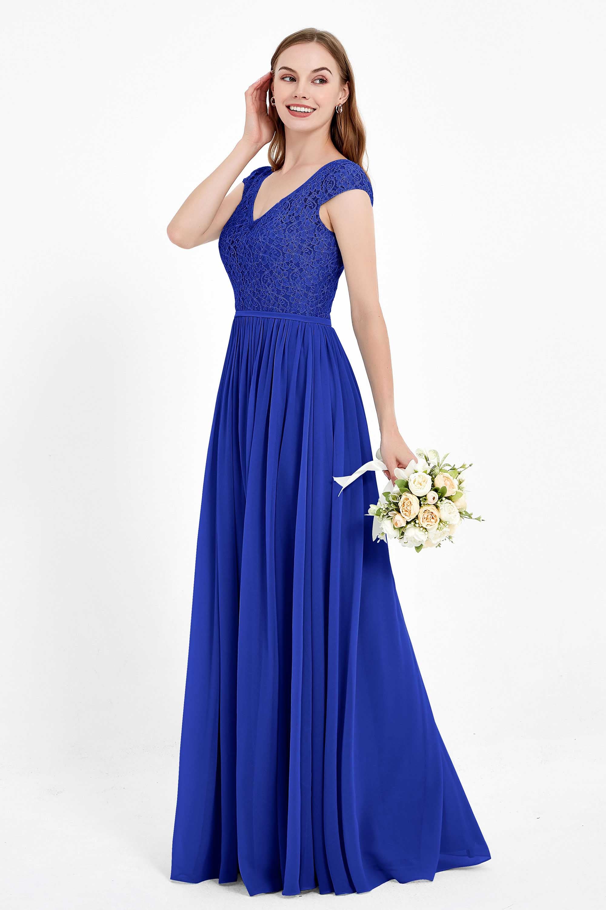 Cap Sleeves Ruched Chiffon Bridesmaid Dress Lace Formal Evening Party Dresses Gowns