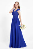 Cap Sleeves Ruched Chiffon Bridesmaid Dress Lace Formal Evening Party Dresses Gowns