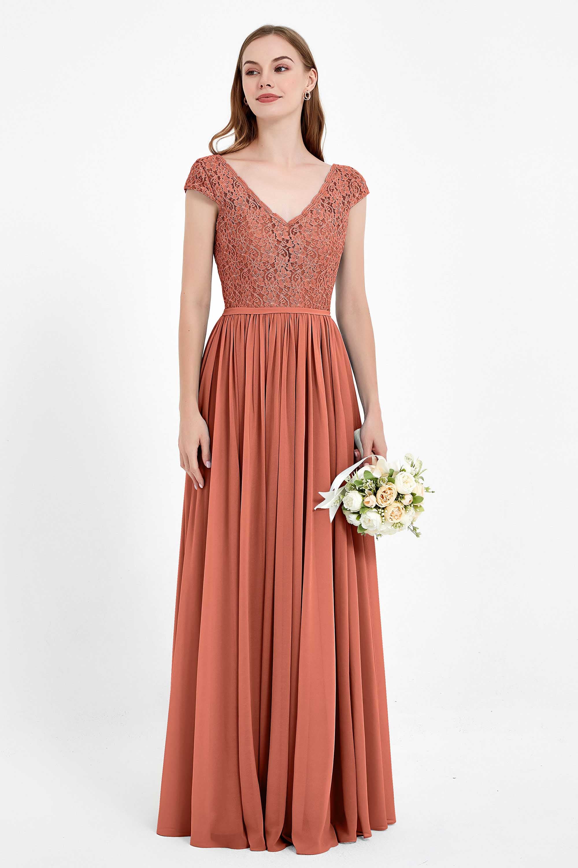 Cap Sleeves Ruched Chiffon Bridesmaid Dress Lace Formal Evening Party Dresses Gowns