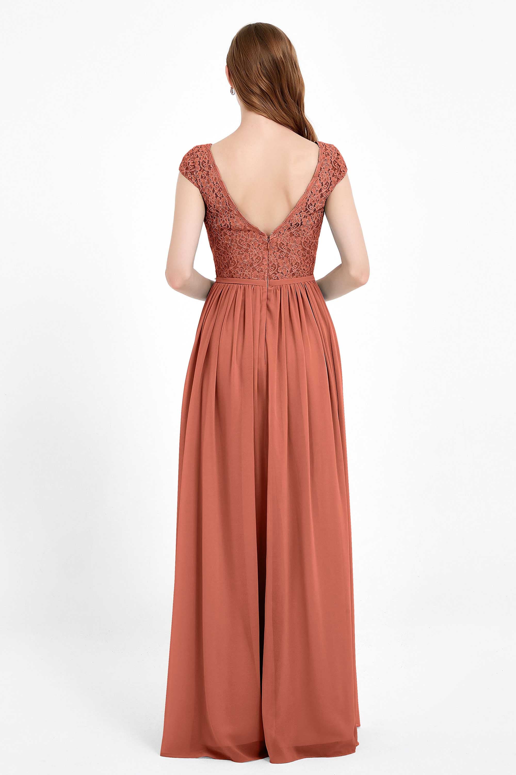 Cap Sleeves Ruched Chiffon Bridesmaid Dress Lace Formal Evening Party Dresses Gowns