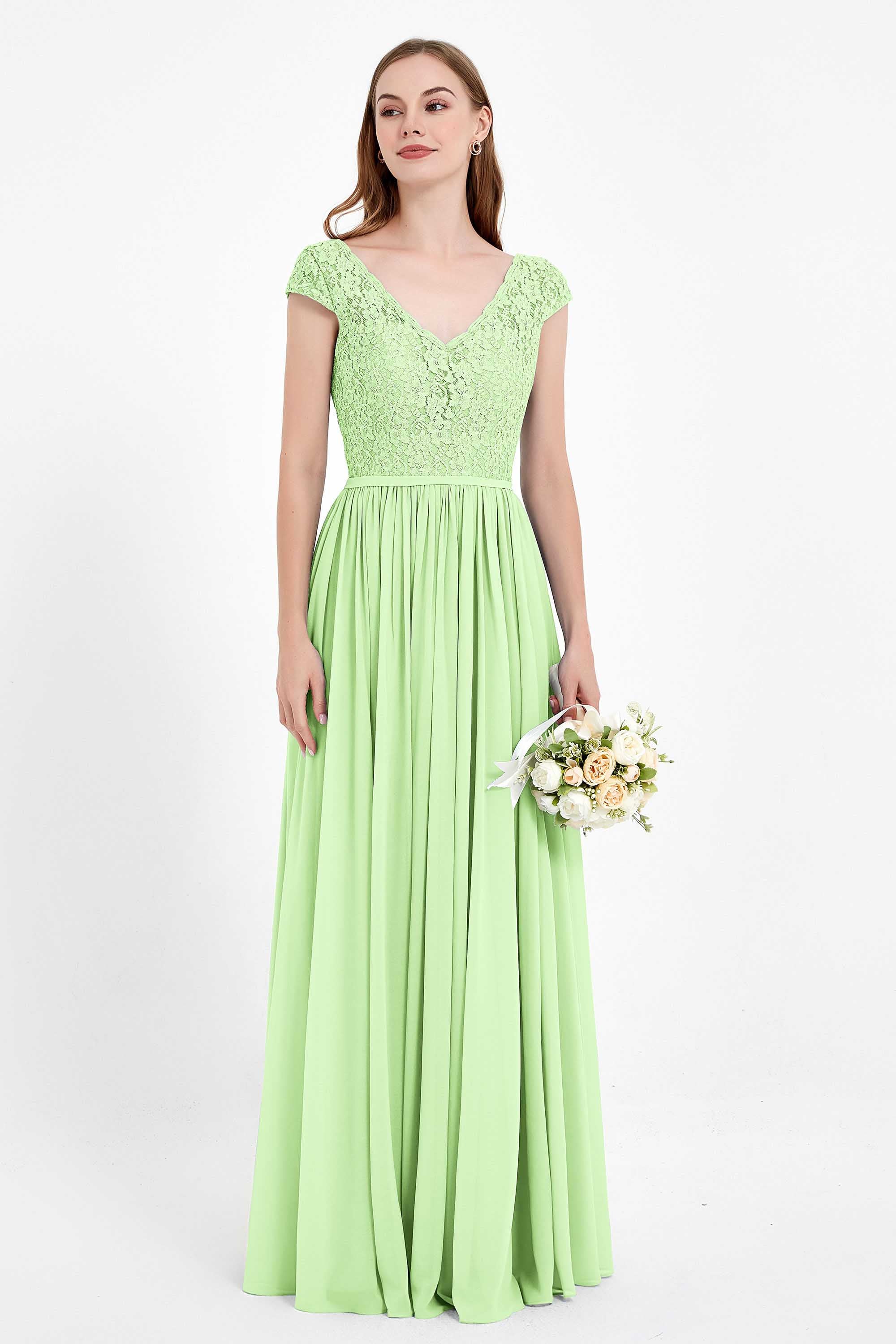 Cap Sleeves Ruched Chiffon Bridesmaid Dress Lace Formal Evening Party Dresses Gowns