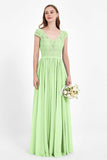 Cap Sleeves Ruched Chiffon Bridesmaid Dress Lace Formal Evening Party Dresses Gowns