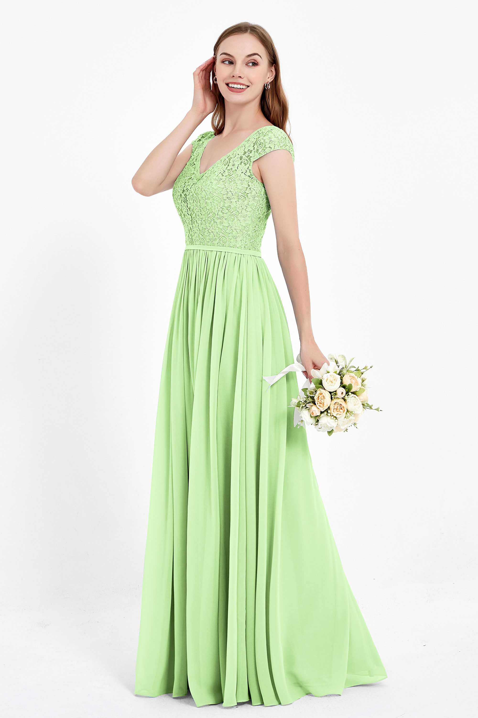 Cap Sleeves Ruched Chiffon Bridesmaid Dress Lace Formal Evening Party Dresses Gowns