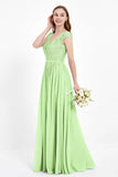 Cap Sleeves Ruched Chiffon Bridesmaid Dress Lace Formal Evening Party Dresses Gowns