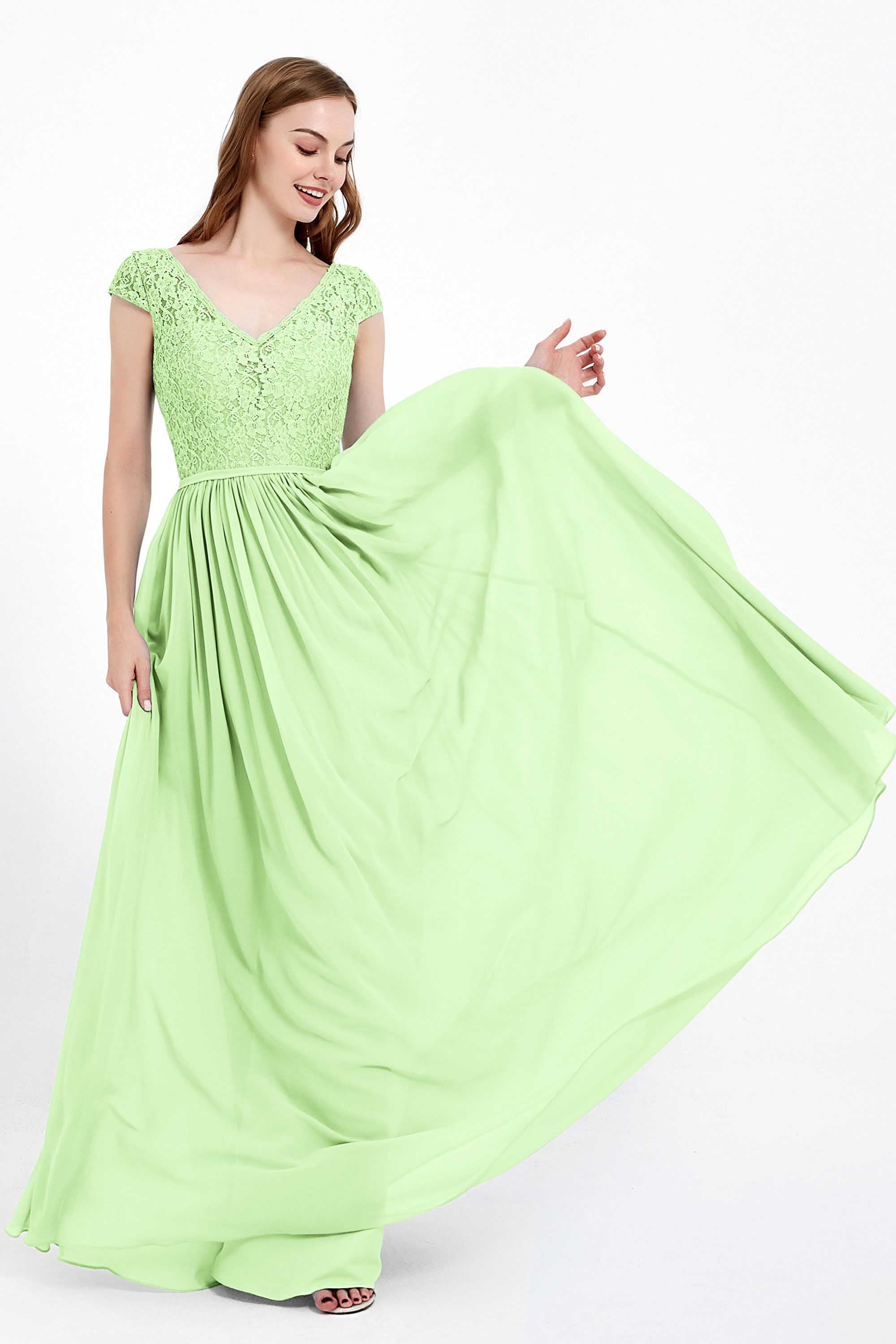 Cap Sleeves Ruched Chiffon Bridesmaid Dress Lace Formal Evening Party Dresses Gowns