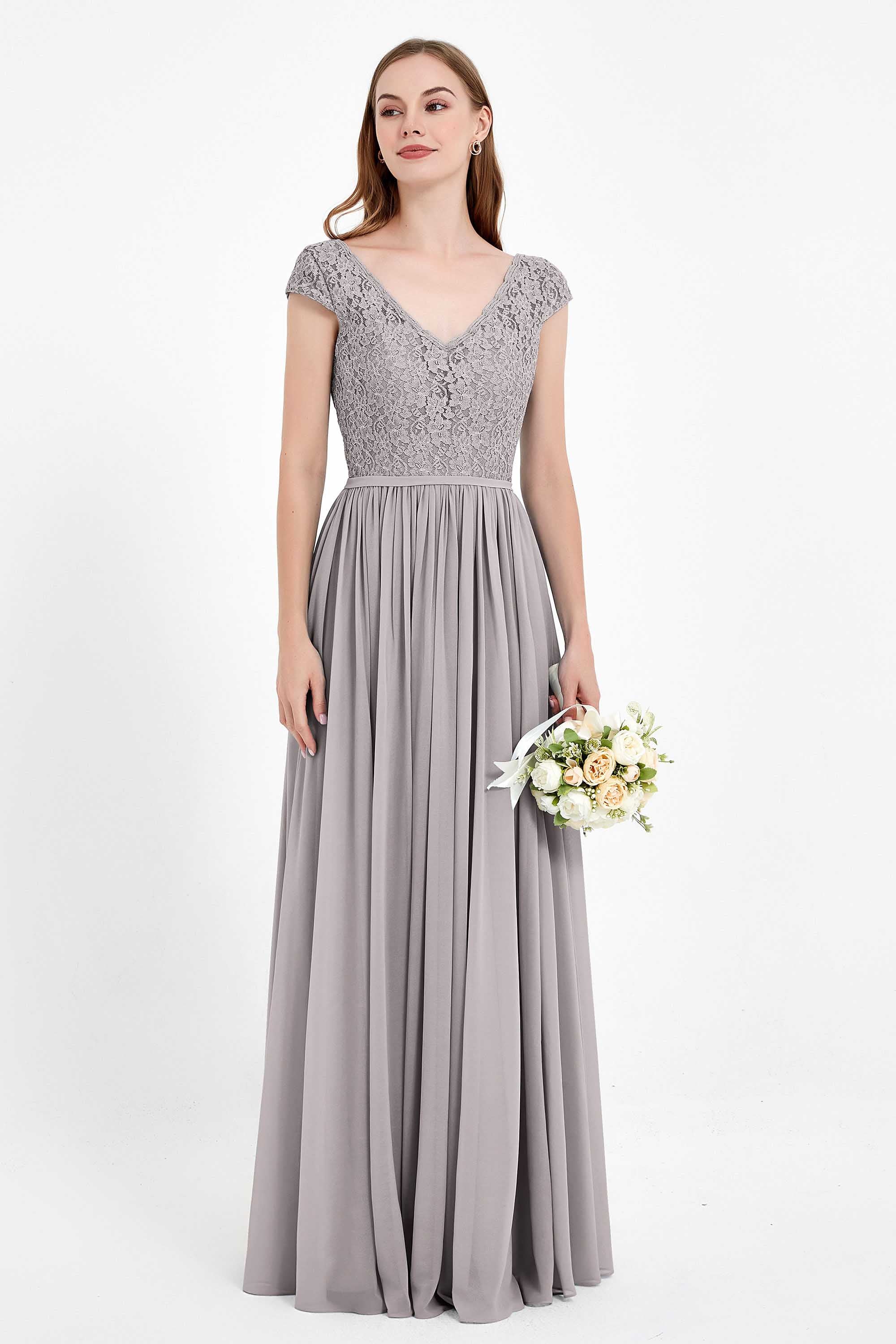 Cap Sleeves Ruched Chiffon Bridesmaid Dress Lace Formal Evening Party Dresses Gowns