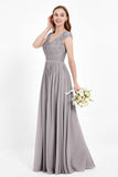 Cap Sleeves Ruched Chiffon Bridesmaid Dress Lace Formal Evening Party Dresses Gowns