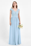 Cap Sleeves Ruched Chiffon Bridesmaid Dress Lace Formal Evening Party Dresses Gowns