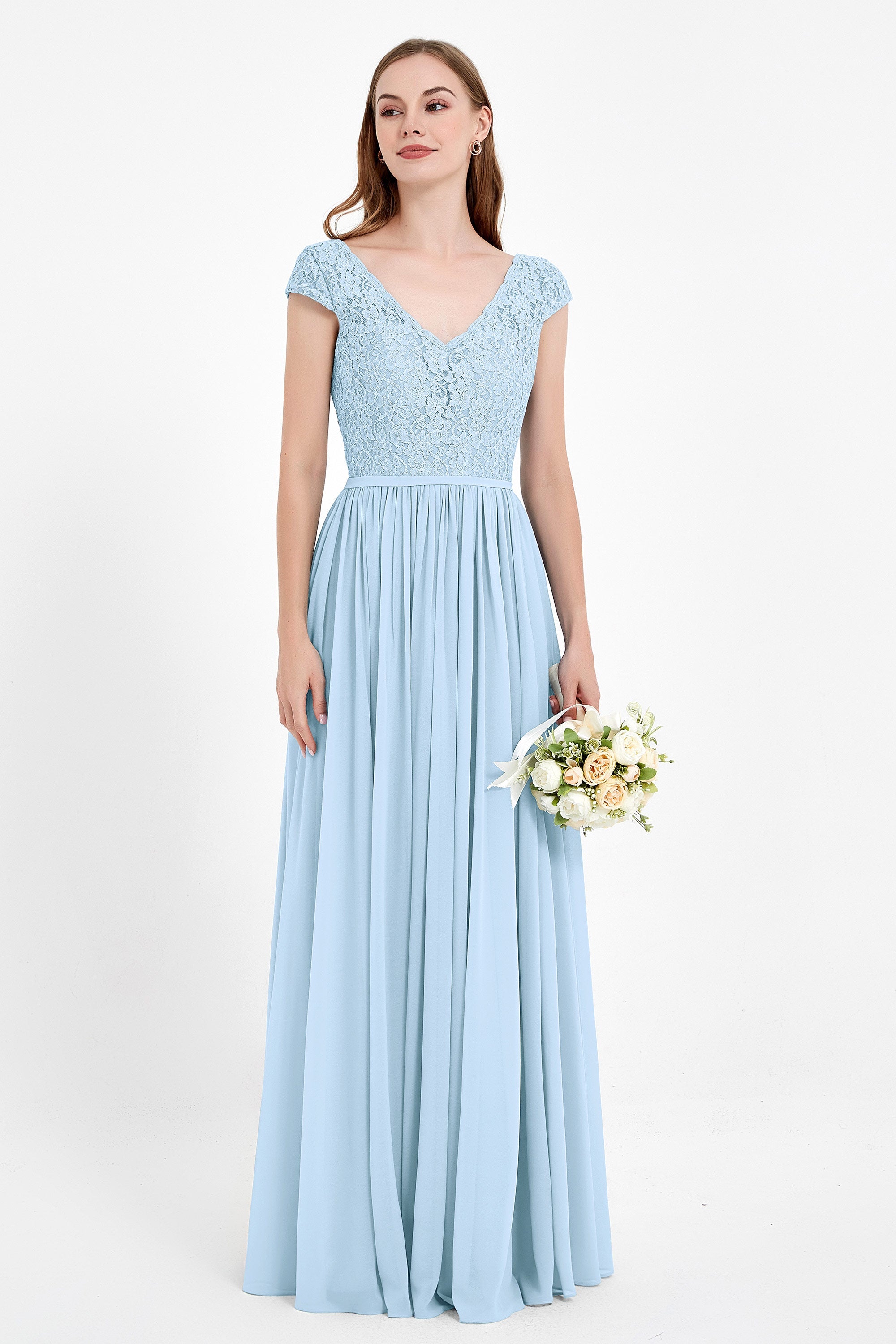 Cap Sleeves Ruched Chiffon Bridesmaid Dress Lace Formal Evening Party Dresses Gowns