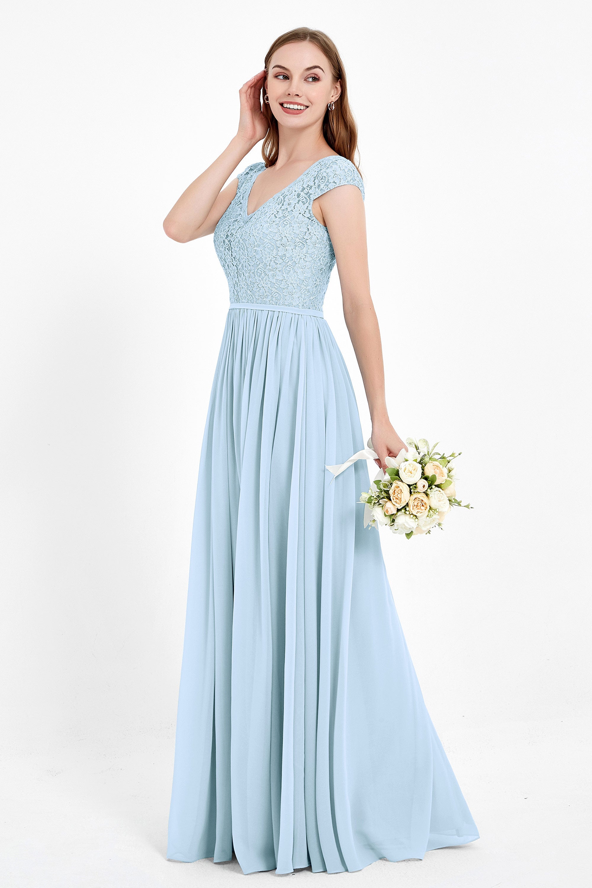 Cap Sleeves Ruched Chiffon Bridesmaid Dress Lace Formal Evening Party Dresses Gowns