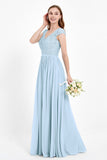 Cap Sleeves Ruched Chiffon Bridesmaid Dress Lace Formal Evening Party Dresses Gowns