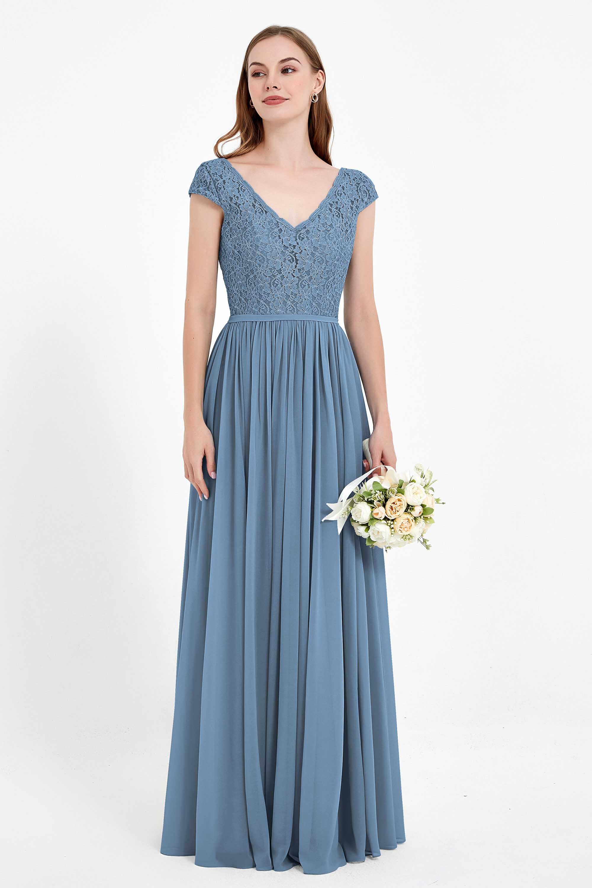 Cap Sleeves Ruched Chiffon Bridesmaid Dress Lace Formal Evening Party Dresses Gowns