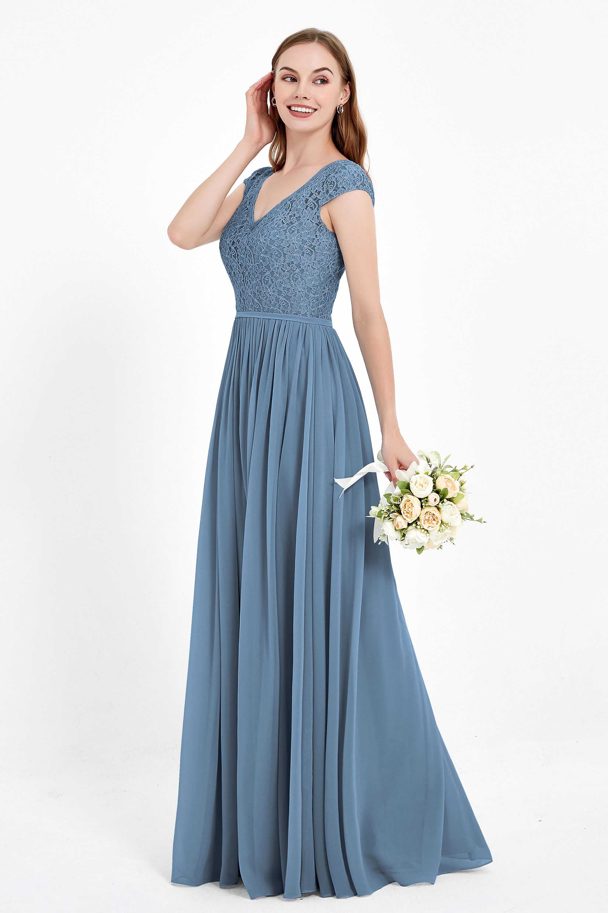 Cap Sleeves Ruched Chiffon Bridesmaid Dress Lace Formal Evening Party Dresses Gowns
