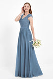 Cap Sleeves Ruched Chiffon Bridesmaid Dress Lace Formal Evening Party Dresses Gowns