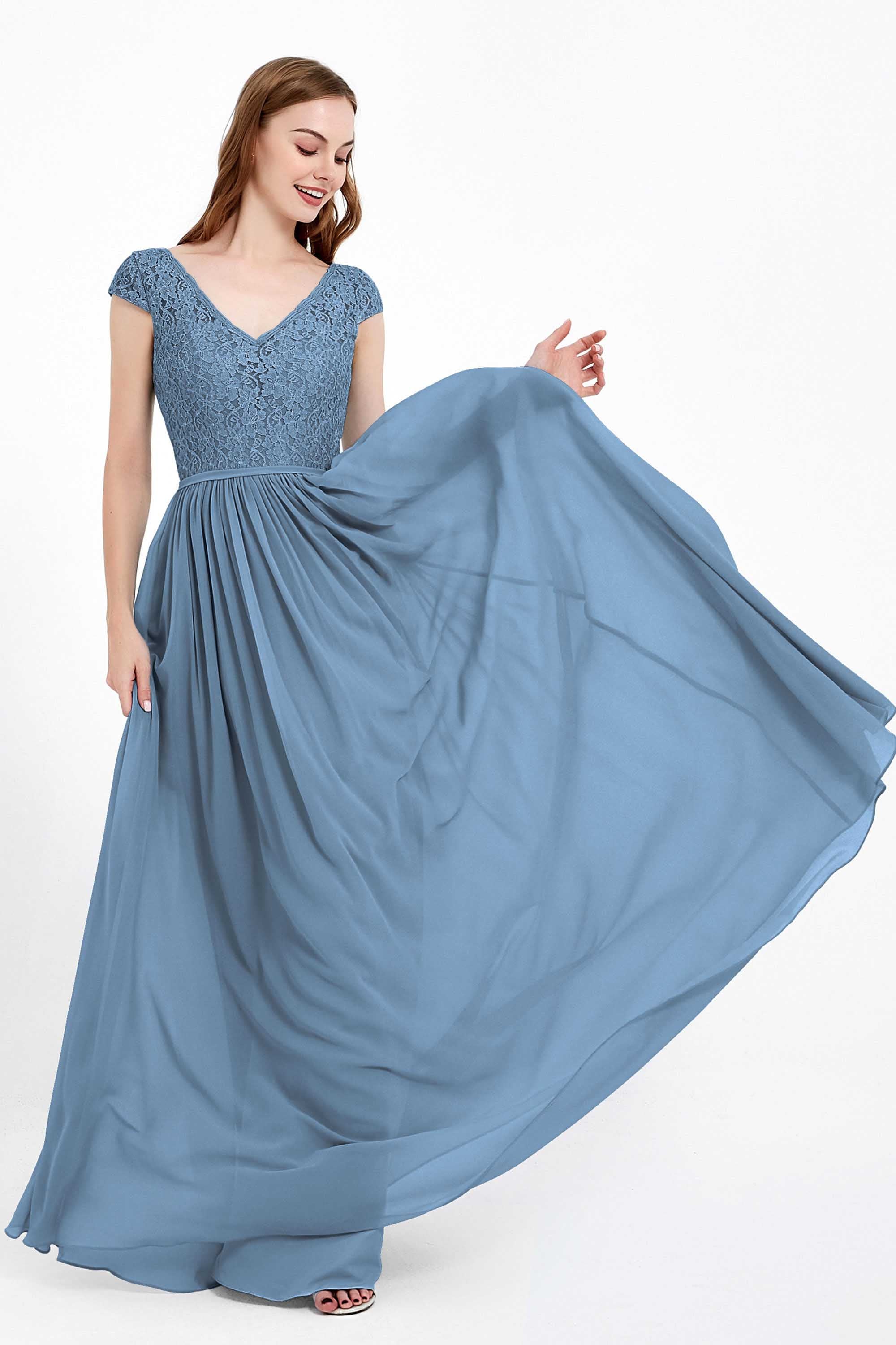 Cap Sleeves Ruched Chiffon Bridesmaid Dress Lace Formal Evening Party Dresses Gowns