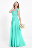 Cap Sleeves Ruched Chiffon Bridesmaid Dress Lace Formal Evening Party Dresses Gowns