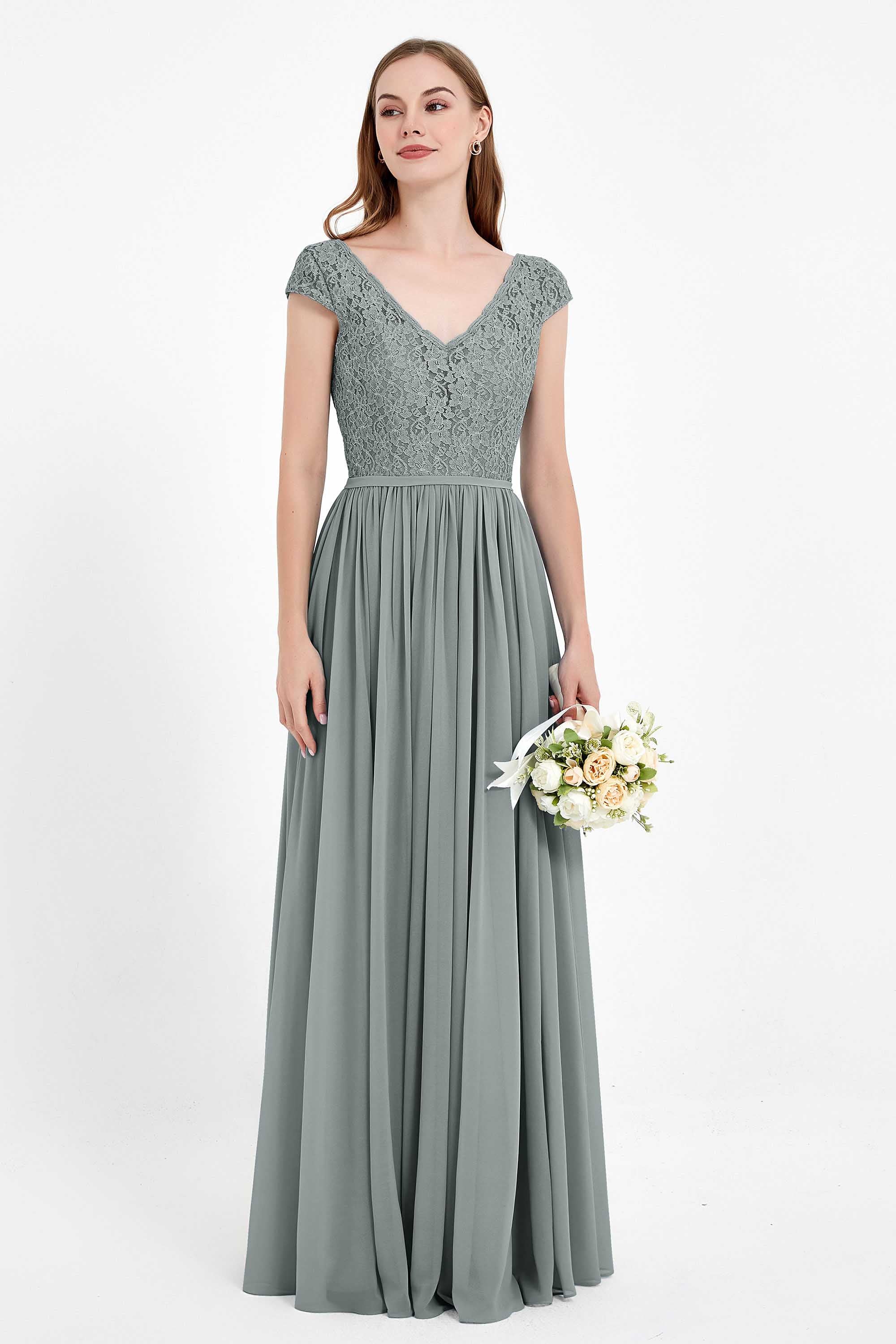 Cap Sleeves Ruched Chiffon Bridesmaid Dress Lace Formal Evening Party Dresses Gowns