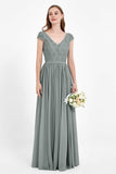Cap Sleeves Ruched Chiffon Bridesmaid Dress Lace Formal Evening Party Dresses Gowns