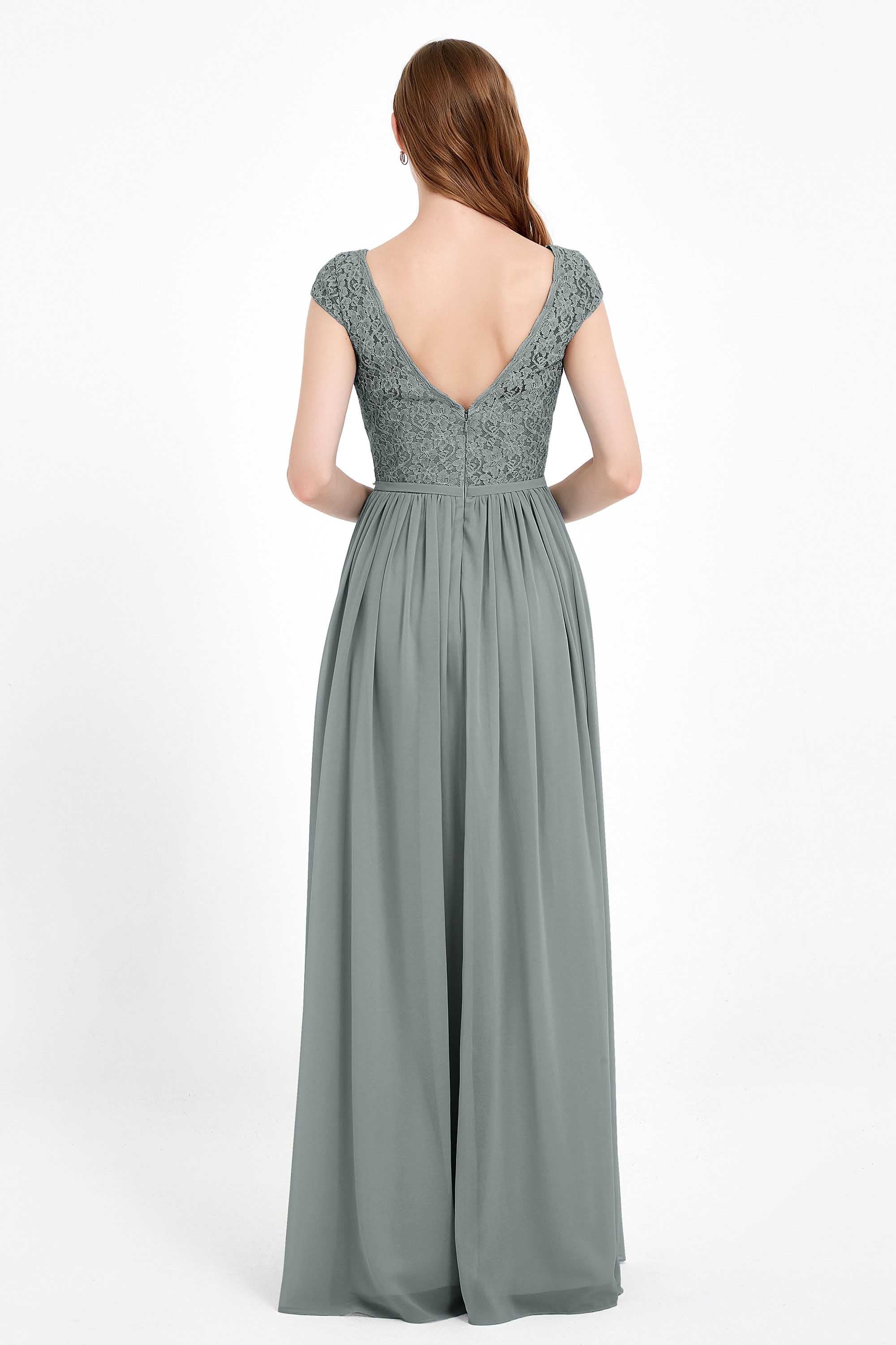 Cap Sleeves Ruched Chiffon Bridesmaid Dress Lace Formal Evening Party Dresses Gowns