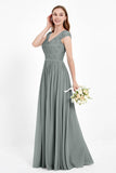 Cap Sleeves Ruched Chiffon Bridesmaid Dress Lace Formal Evening Party Dresses Gowns