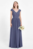 Cap Sleeves Ruched Chiffon Bridesmaid Dress Lace Formal Evening Party Dresses Gowns