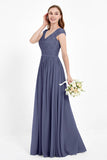 Cap Sleeves Ruched Chiffon Bridesmaid Dress Lace Formal Evening Party Dresses Gowns