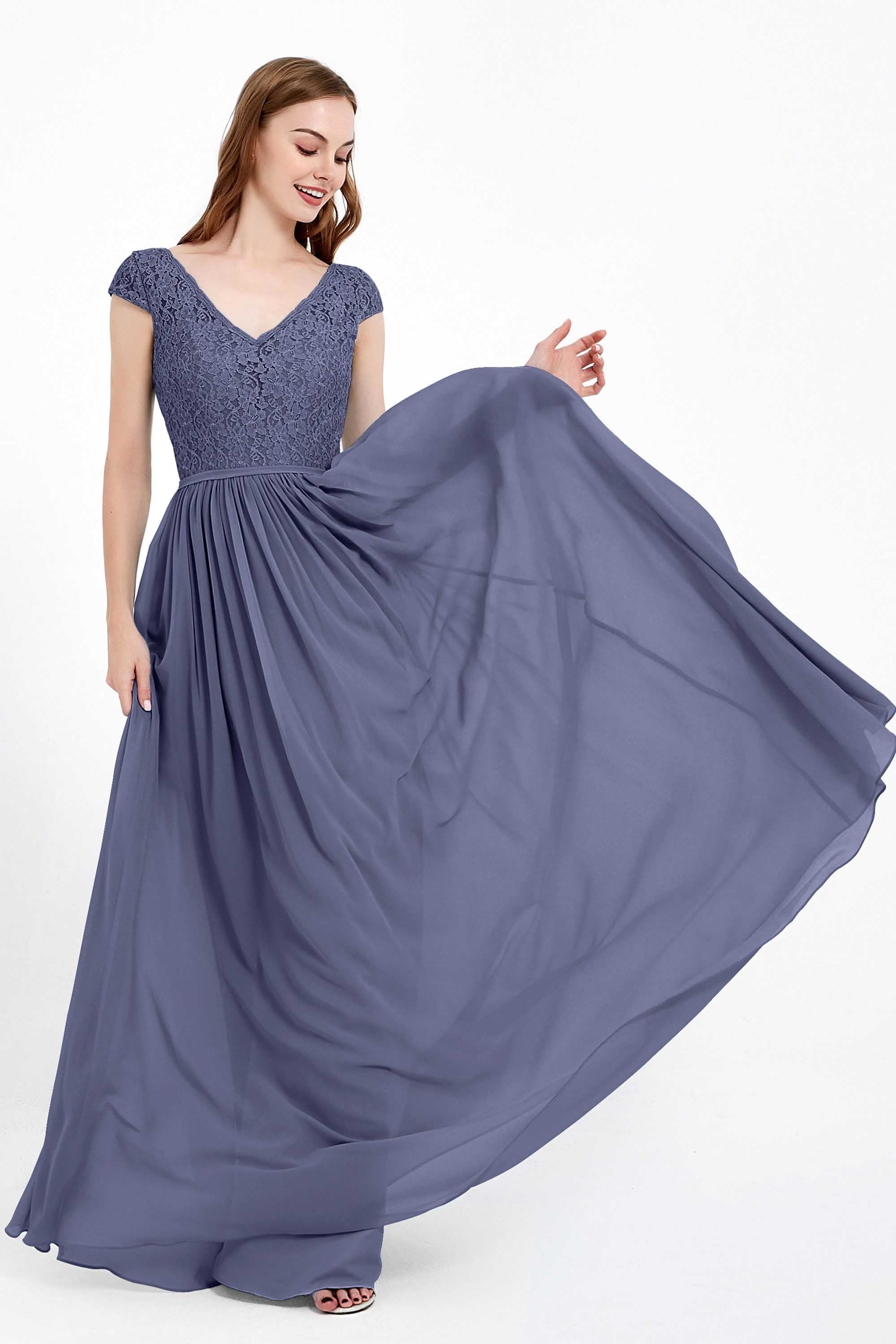 Cap Sleeves Ruched Chiffon Bridesmaid Dress Lace Formal Evening Party Dresses Gowns